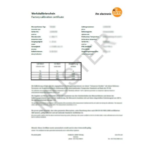 Сертификат калибровки ISO для датчиков расхода ZC0054 IFM